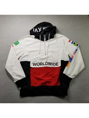 Forever 21 WORLDWIDE Jacket Mens Size M Hooded Half Zip Pullover Flags Sleeves